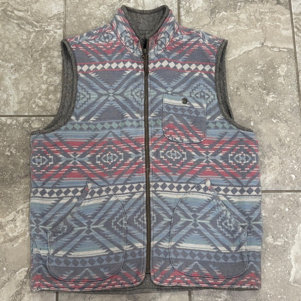 Faherty Mens Reversible Vest Aztec Southwestern Geometric Grey Full‎ Zip M